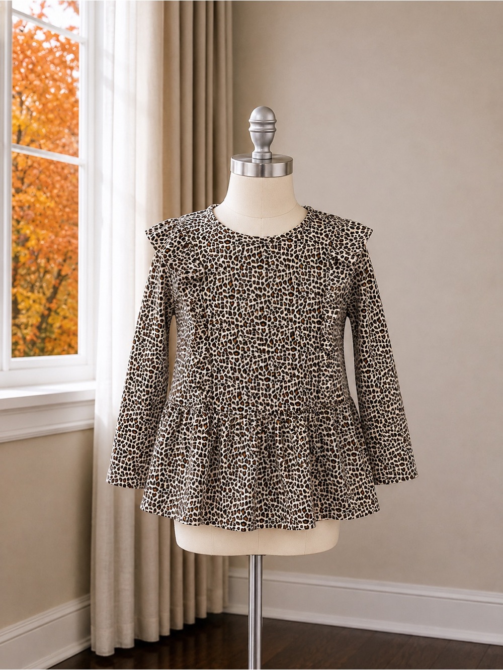 GAP Girls' Long-Sleeve Leopard Peplum Top - Black & Cream